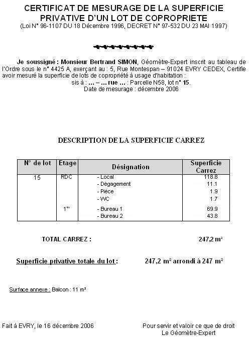 Certificat de mesurage Évry 